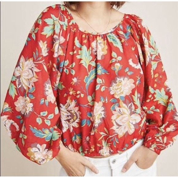 Anthropologie Tops - Anthropologie Maeve Lake House Red Floral Balloon Sleeve Peasant Top Size Small